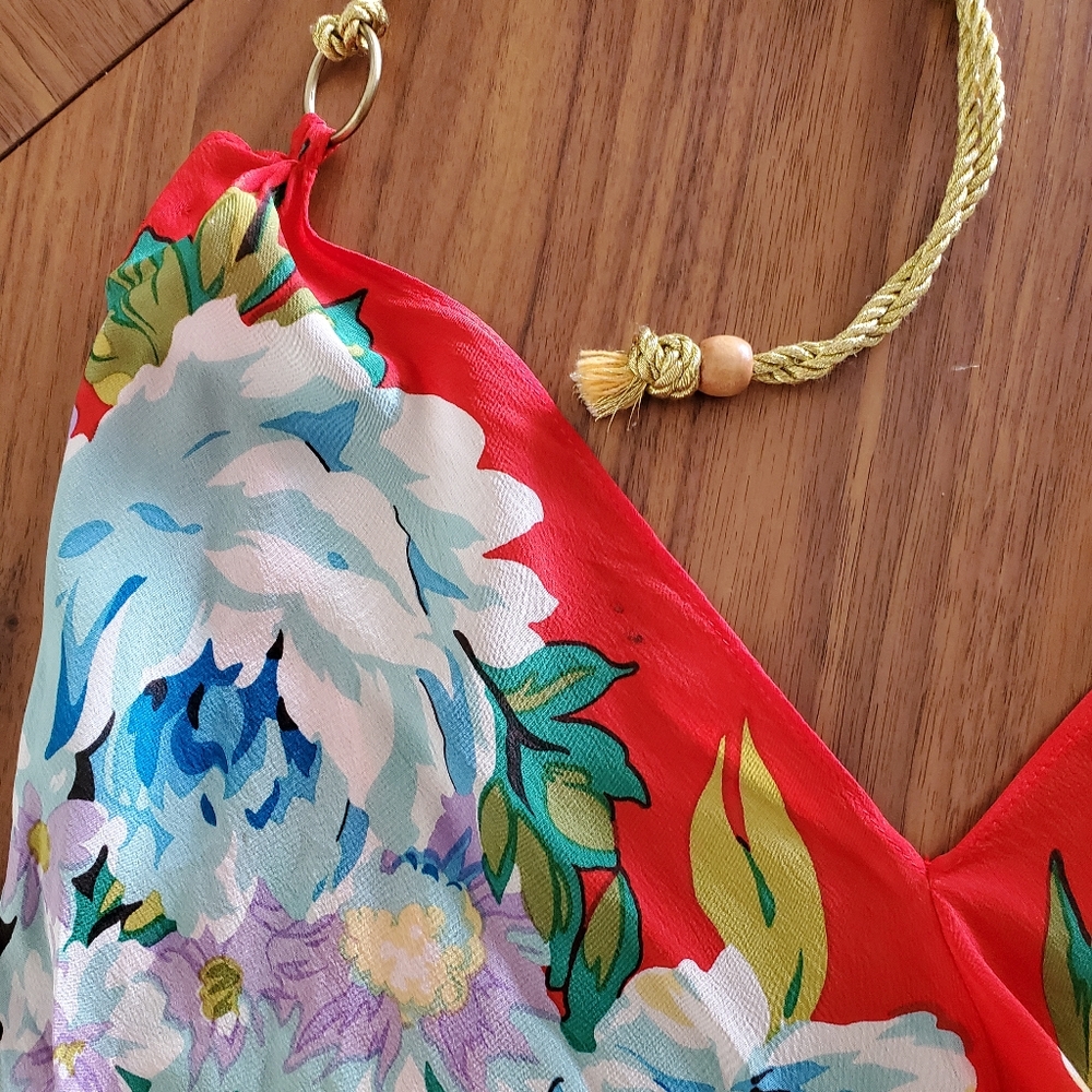 UO Silkysexy Halter floral Tunic Gold Rope tie Top/Mini Dress - Picture 11 of 12